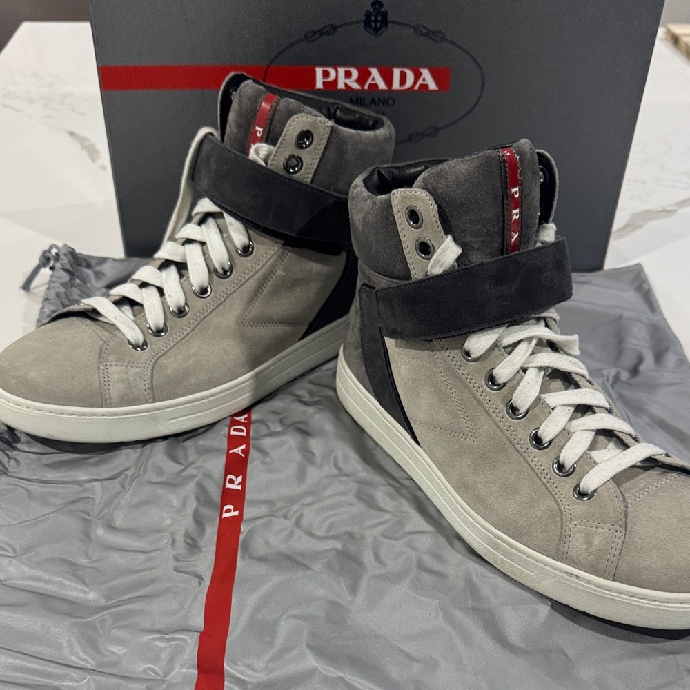 Prada Men's Gray and Black Suede High-Top Boots 7.5 (RUNS 9 - 9.5) w/Dust Bag